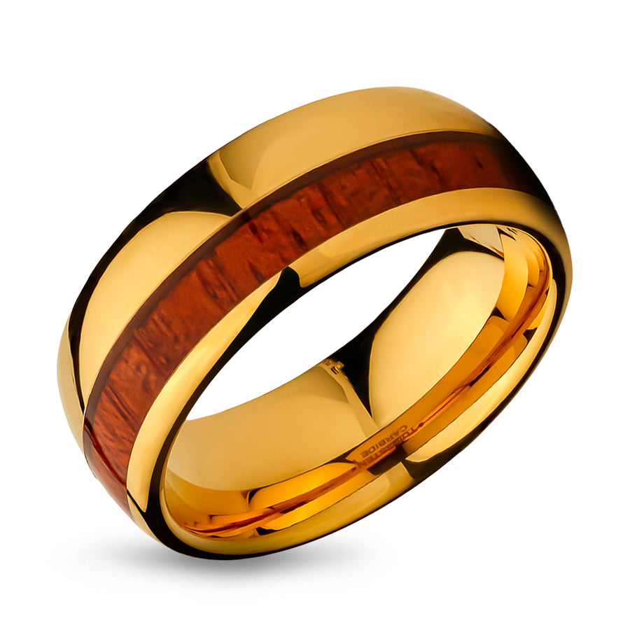Yellow Gold Wedding Ring - Koa Wood Wedding Band - Tungsten Wedding Ring - Shiny Ring - Dome Ring
