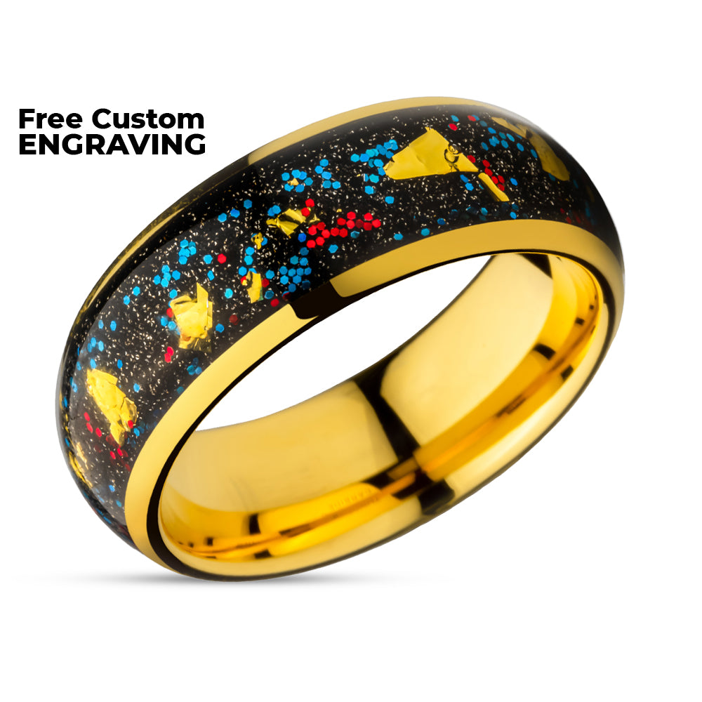 Gold Wedding Ring - Gold Flat Inlay - Dome Wedding Ring - Tungsten Carbide Ring - 8mm