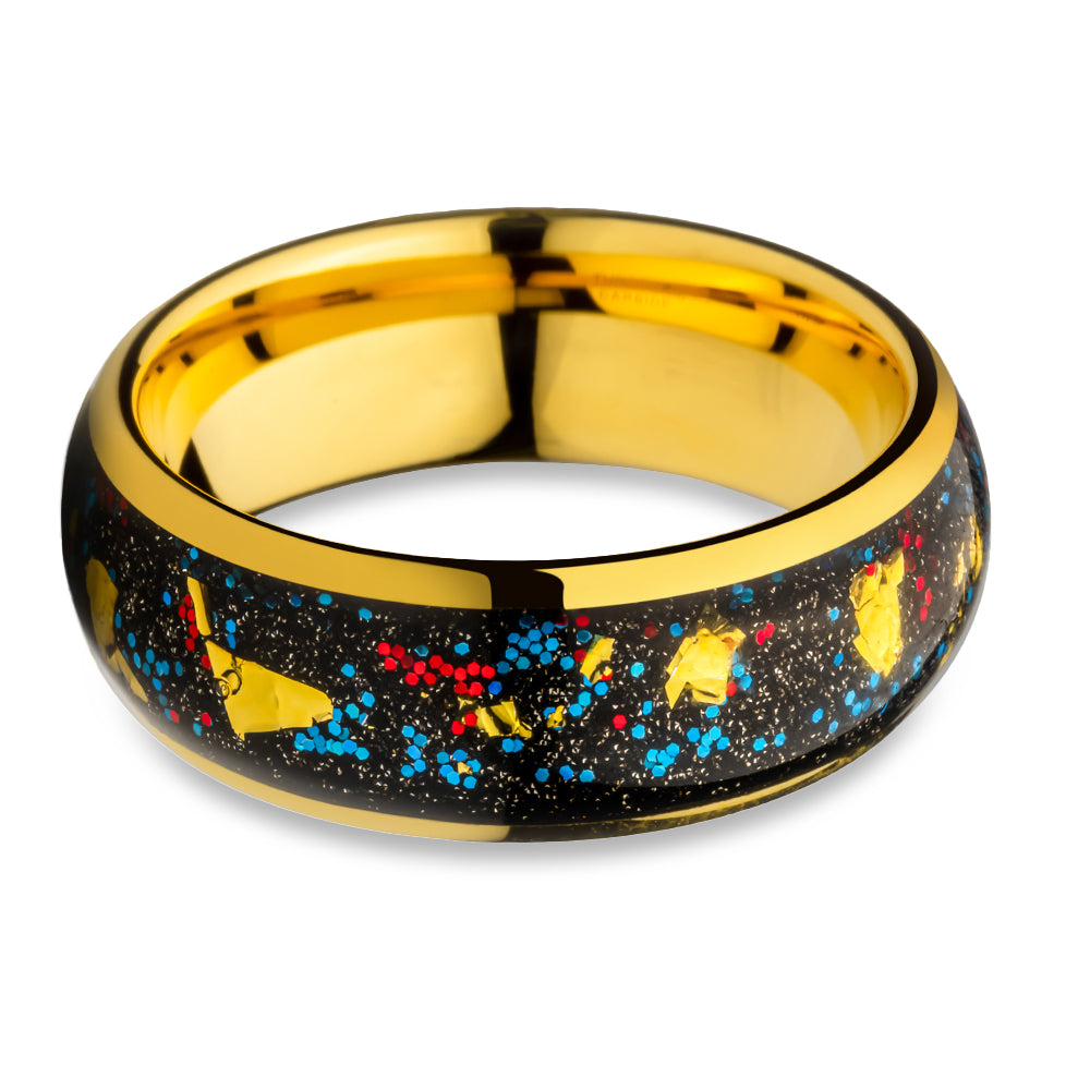 Gold Wedding Ring - Gold Flat Inlay - Dome Wedding Ring - Tungsten Carbide Ring - 8mm