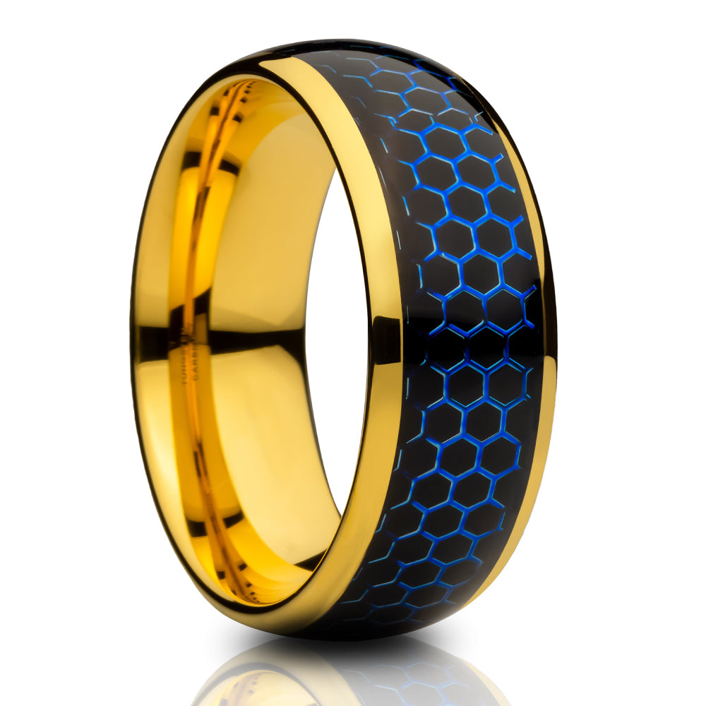 Honeycomb Wedding Ring - Yellow Gold Wedding Ring - Tungsten Carbide Ring - 8mm