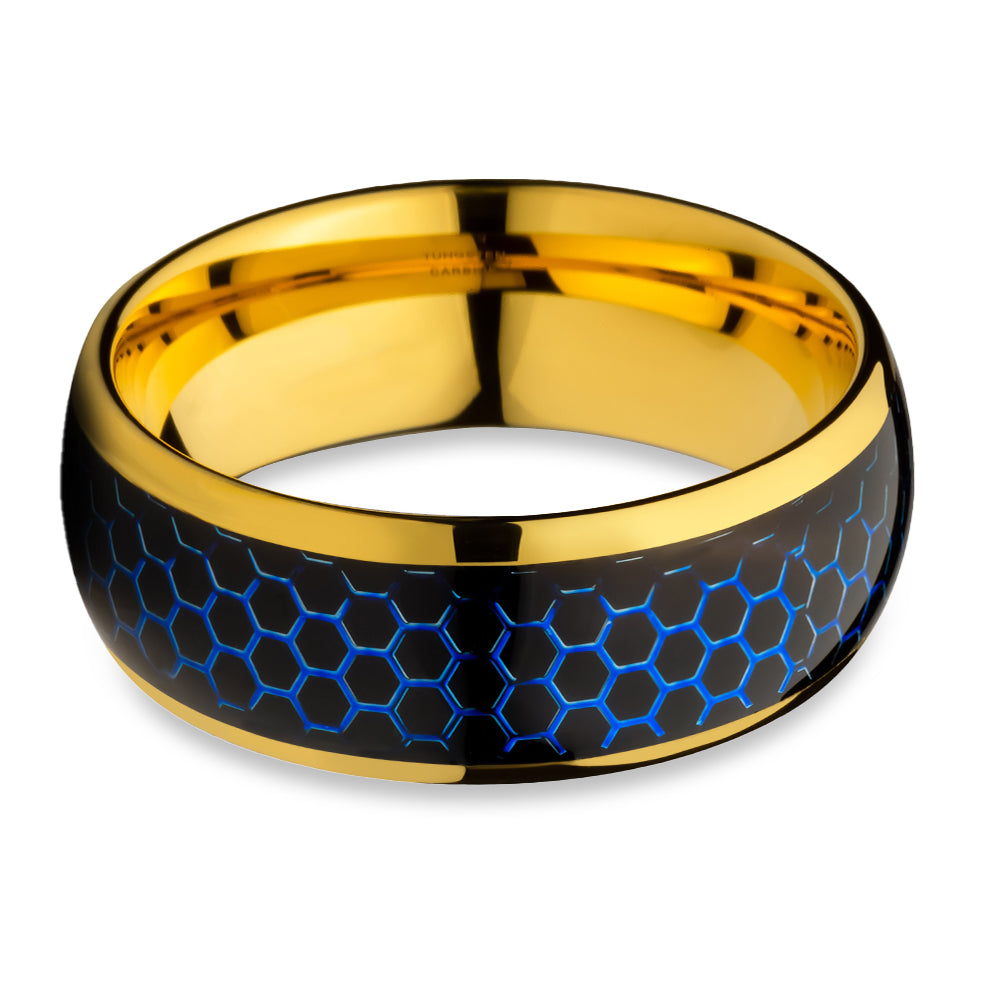 Honeycomb Wedding Ring - Yellow Gold Wedding Ring - Tungsten Carbide Ring - 8mm