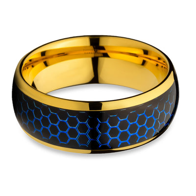 Honeycomb Wedding Ring - Yellow Gold Wedding Ring - Tungsten Carbide Ring - 8mm