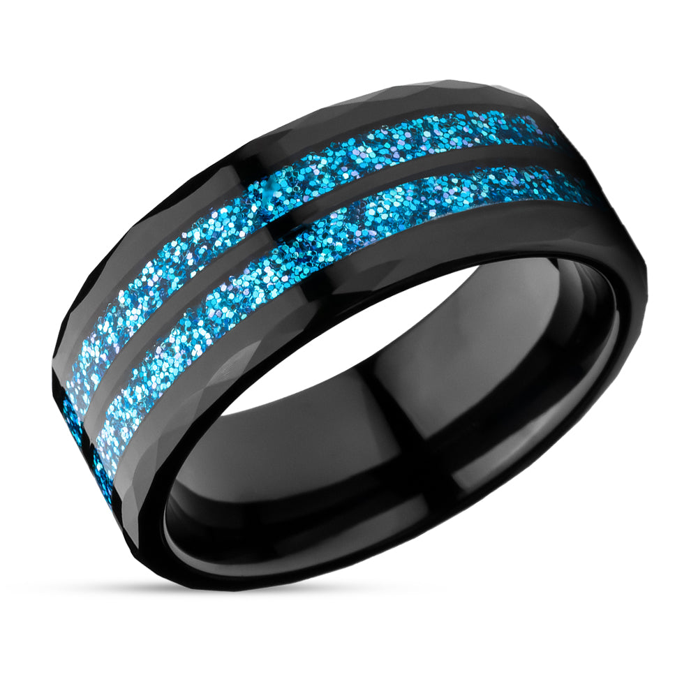 Black Tungsten Wedding Ring - Glitter Ring - Tungsten Carbide - Engagement Ring - Blue Glitter