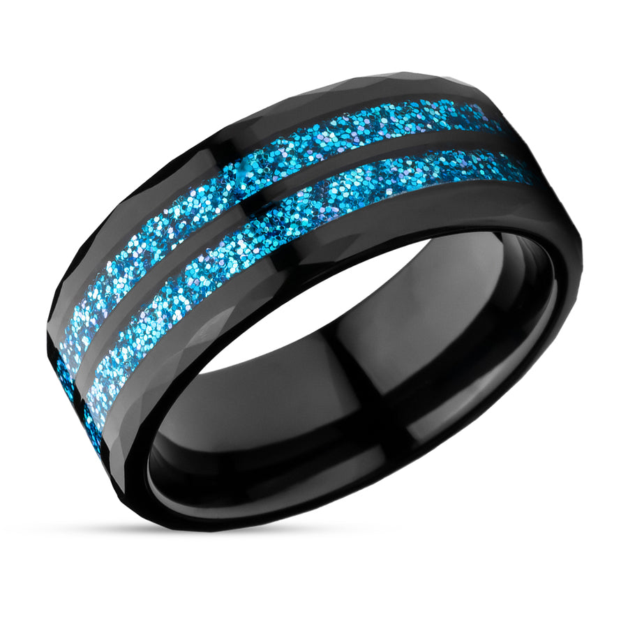 Black Tungsten Wedding Ring - Glitter Ring - Tungsten Carbide - Engagement Ring - Blue Glitter