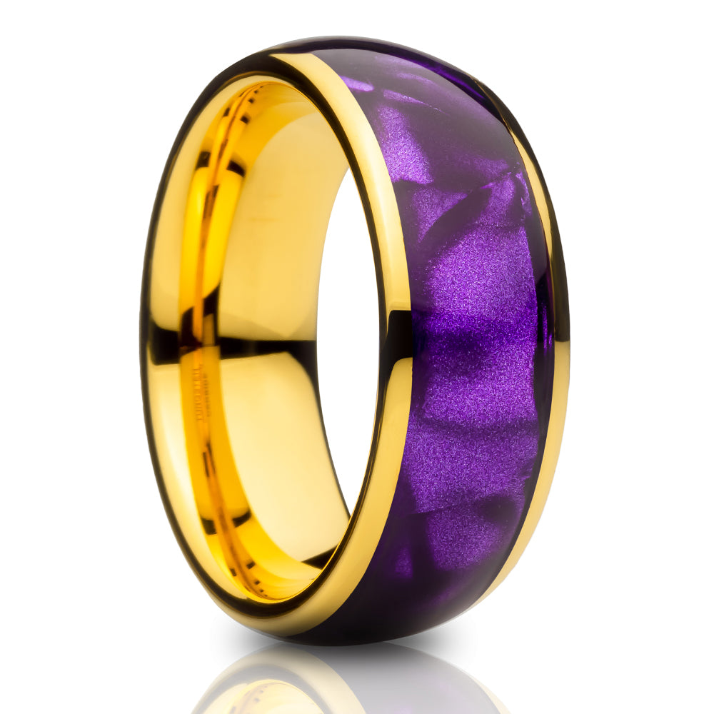Cowrie Wedding Ring - Purple Wedding Ring - 8mm Wedding Ring - Yellow Gold Ring