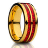 Yellow Gold Glitter Ring - Diamond Cut Wedding Ring - Red Inlay Ring - 8mm Wedding Band