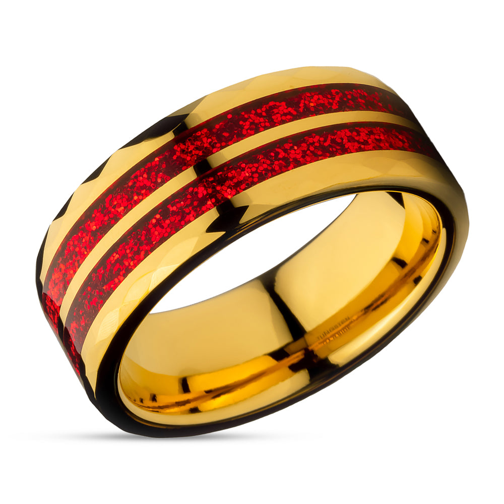 Yellow Gold Glitter Ring - Diamond Cut Wedding Ring - Red Inlay Ring - 8mm Wedding Band