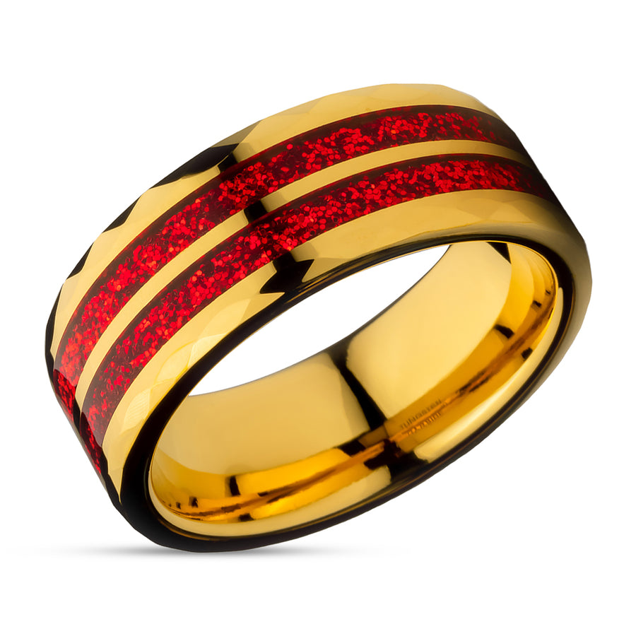 Yellow Gold Glitter Ring - Diamond Cut Wedding Ring - Red Inlay Ring - 8mm Wedding Band