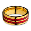 Yellow Gold Glitter Ring - Diamond Cut Wedding Ring - Red Inlay Ring - 8mm Wedding Band