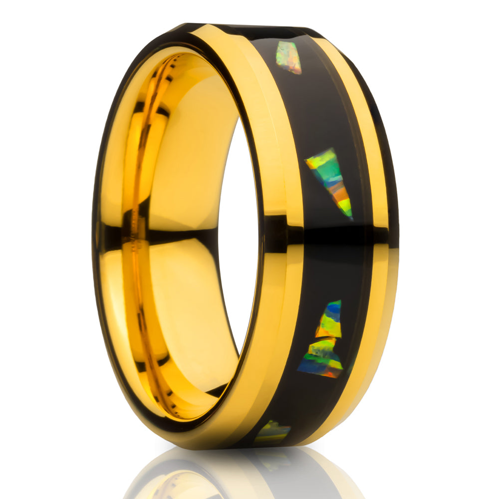 Abalone Wedding Ring - Yellow Gold Ring - Abalone Wedding Band - Tungsten Carbide Ring