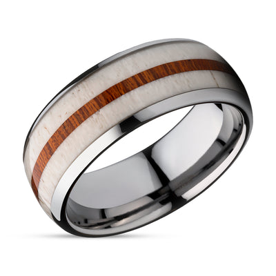 Deer Antler Wedding Ring - Koa Wood Wedding Ring - Tungsten Carbide Ring - 8mm Wedding Ring - Hunter