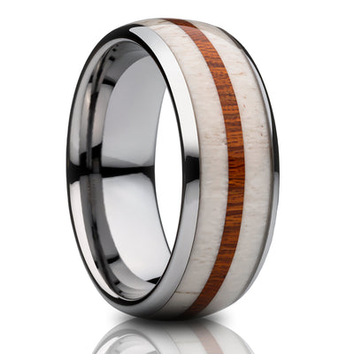 Deer Antler Wedding Ring - Koa Wood Wedding Ring - Tungsten Carbide Ring - 8mm Wedding Ring - Hunter