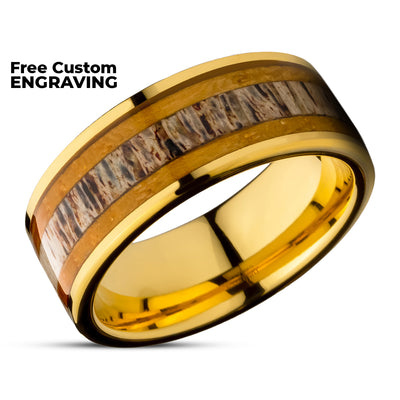 Deer Antler Wedding Ring - Yellow Gold Wedding Ring - Koa Wood Ring - Tungsten Carbide