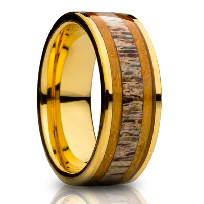 Deer Antler Wedding Ring - Yellow Gold Wedding Ring - Whiskey Barrel Inlay - Tungsten Carbide