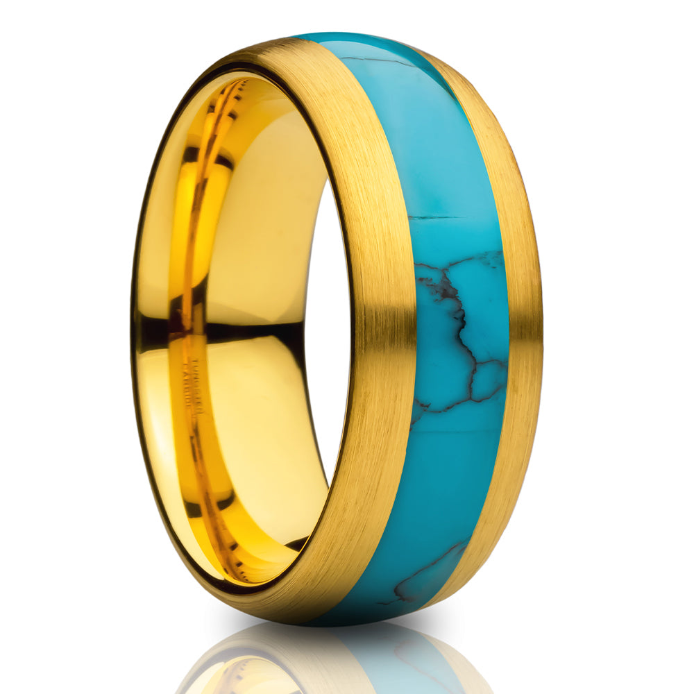 Turquoise Wedding Ring - Yellow Gold Tungsten Ring - Anniversary Ring - Engagement Ring