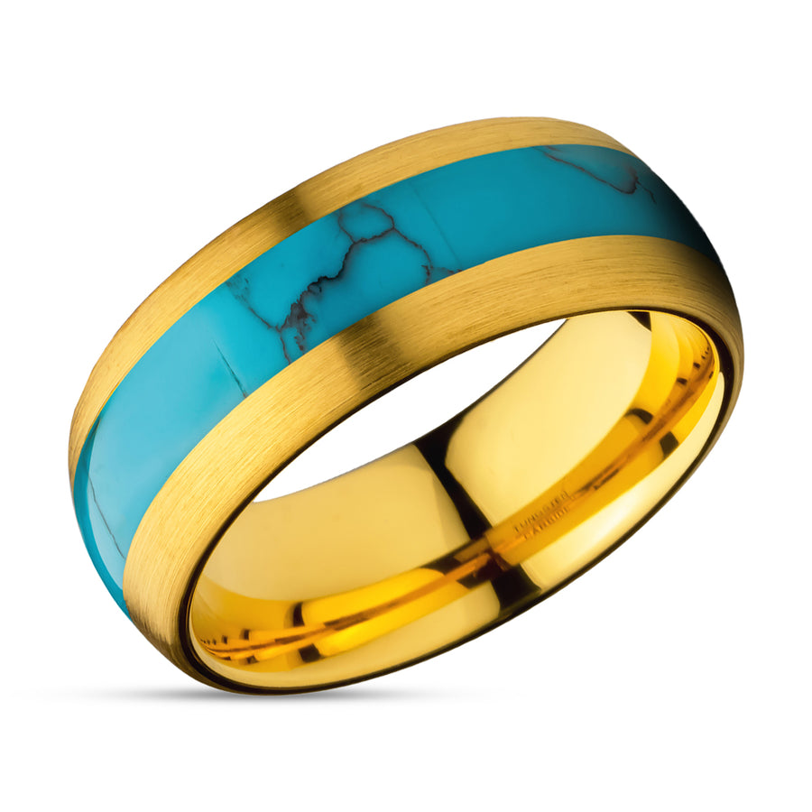 Turquoise Wedding Ring - Yellow Gold Tungsten Ring - Anniversary Ring - Engagement Ring