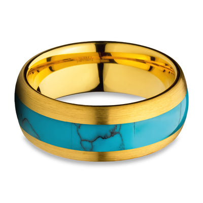 Turquoise Wedding Ring - Yellow Gold Tungsten Ring - Anniversary Ring - Engagement Ring