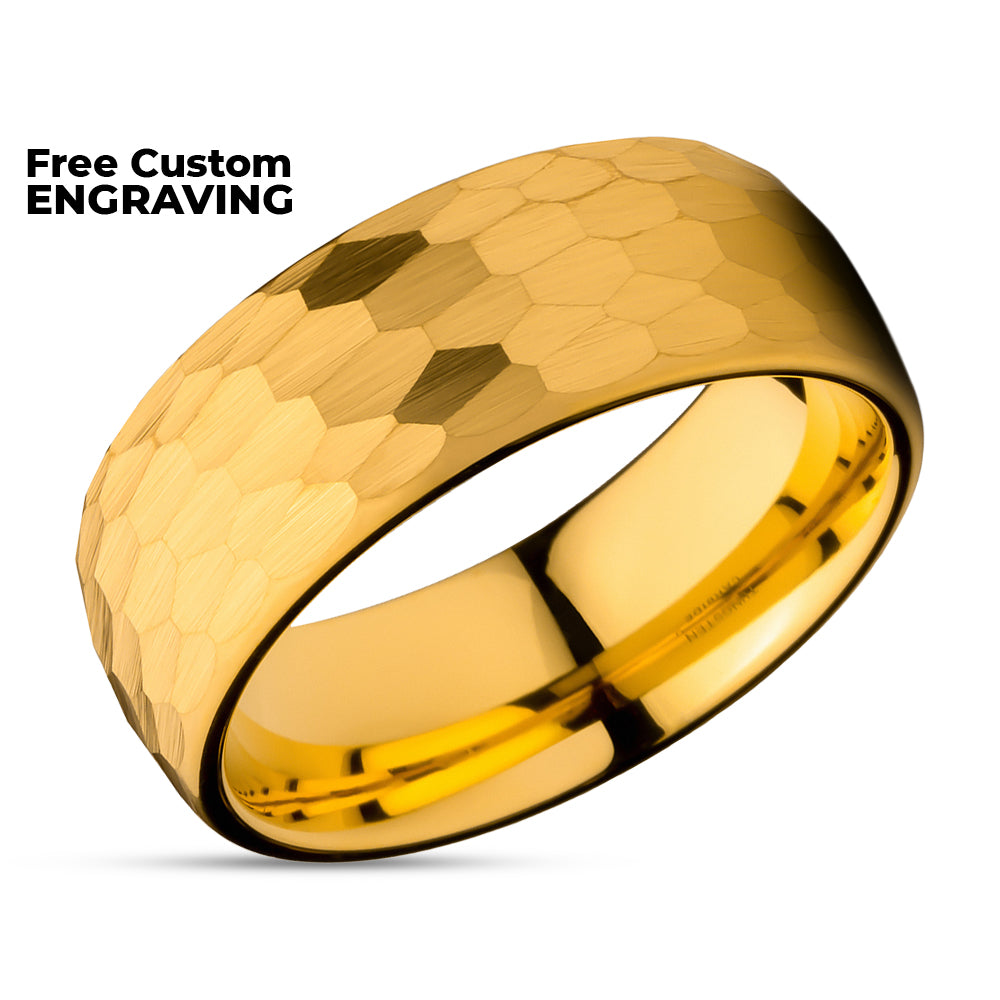 Hammered Wedding Ring - Yellow Gold Tungsten Ring - 8mm Wedding Ring - Man's Ring - Dome