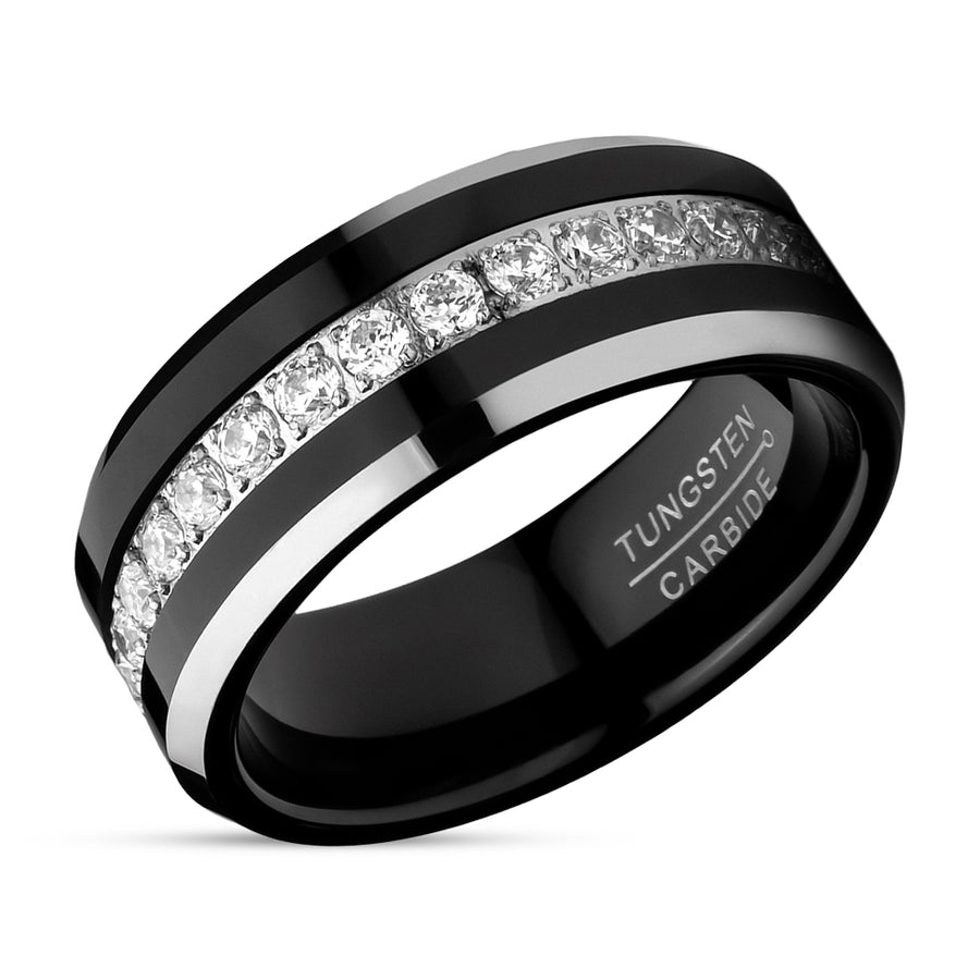 8mnm Black Tungsten Ring - CZ Wedding Ring - Tungsten Carbide Ring - Engagement Ring - Man's Ring