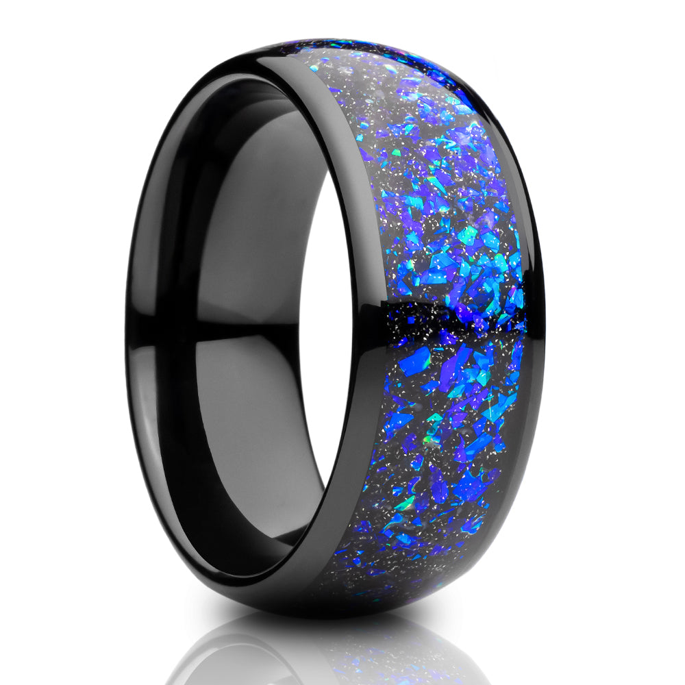 Galaxy Wedding Ring - Opal Wedding Ring - Black Tungsten Ring - 8mm Wedding Ring - Dome