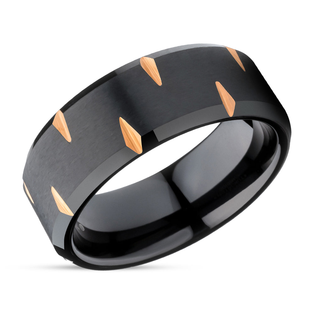 8mm Wedding Ring - Black Tungsten Ring - Engagement Ring - Rose Gold Ring - Beveled Edges