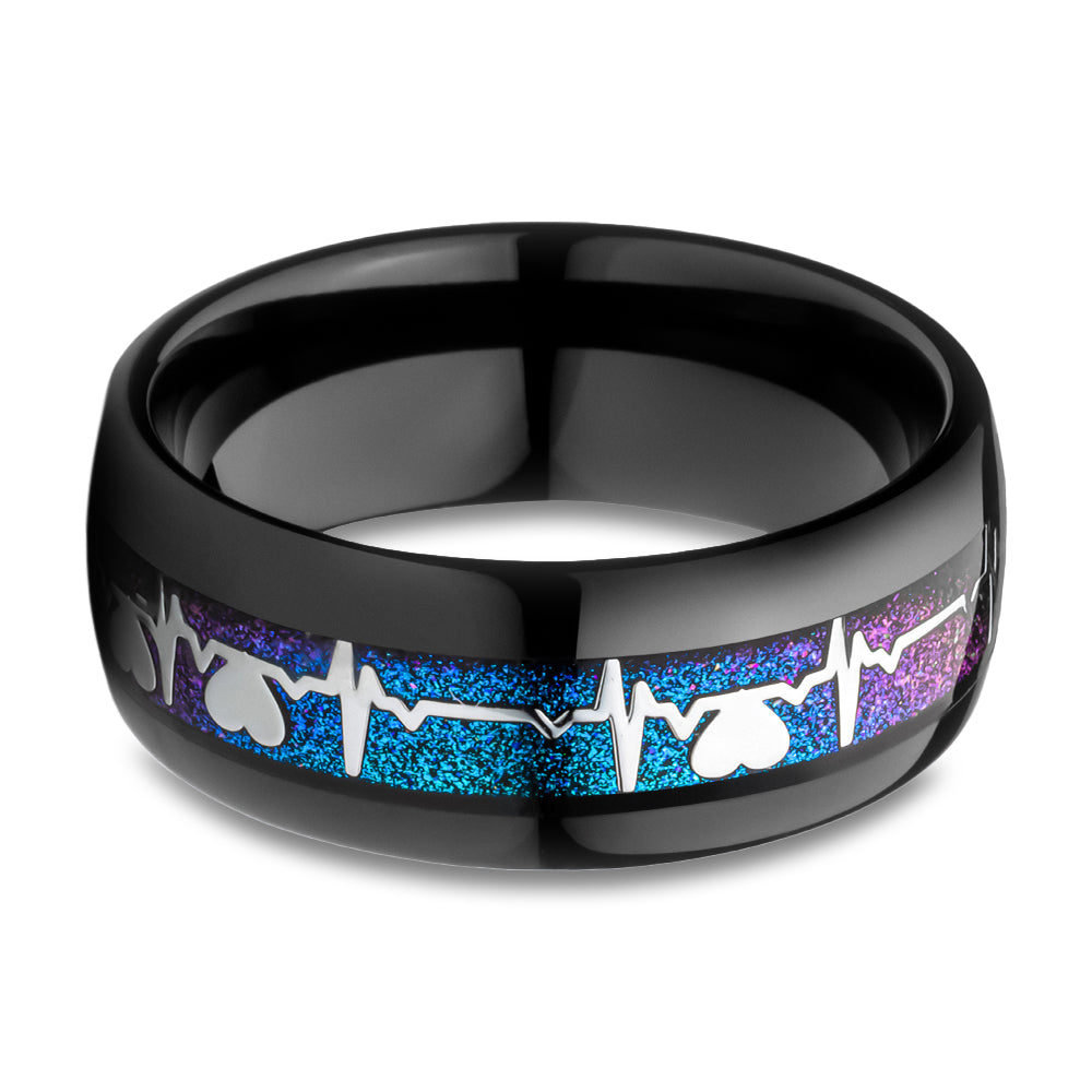 Heartbeat Wedding Ring - Black Tungsten Ring - Engagement Ring - Tungsten Carbide Ring - 8mm Ring