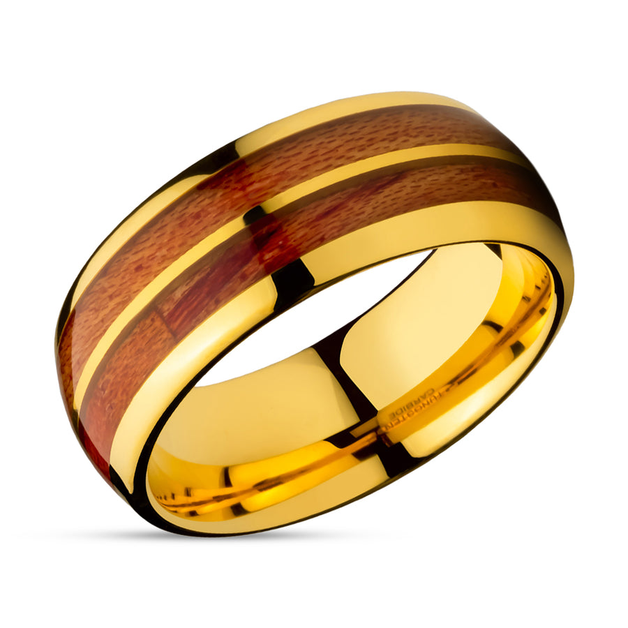 Koa Wood Wedding Ring - Yellow Gold Ring - Engagement Ring - Tungsten Carbide Ring - 8mm Ring