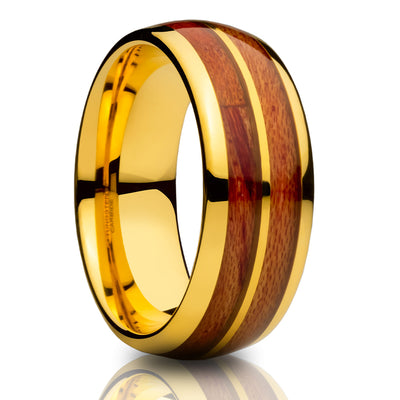 Koa Wood Wedding Ring - Yellow Gold Ring - Engagement Ring - Tungsten Carbide Ring - 8mm Ring
