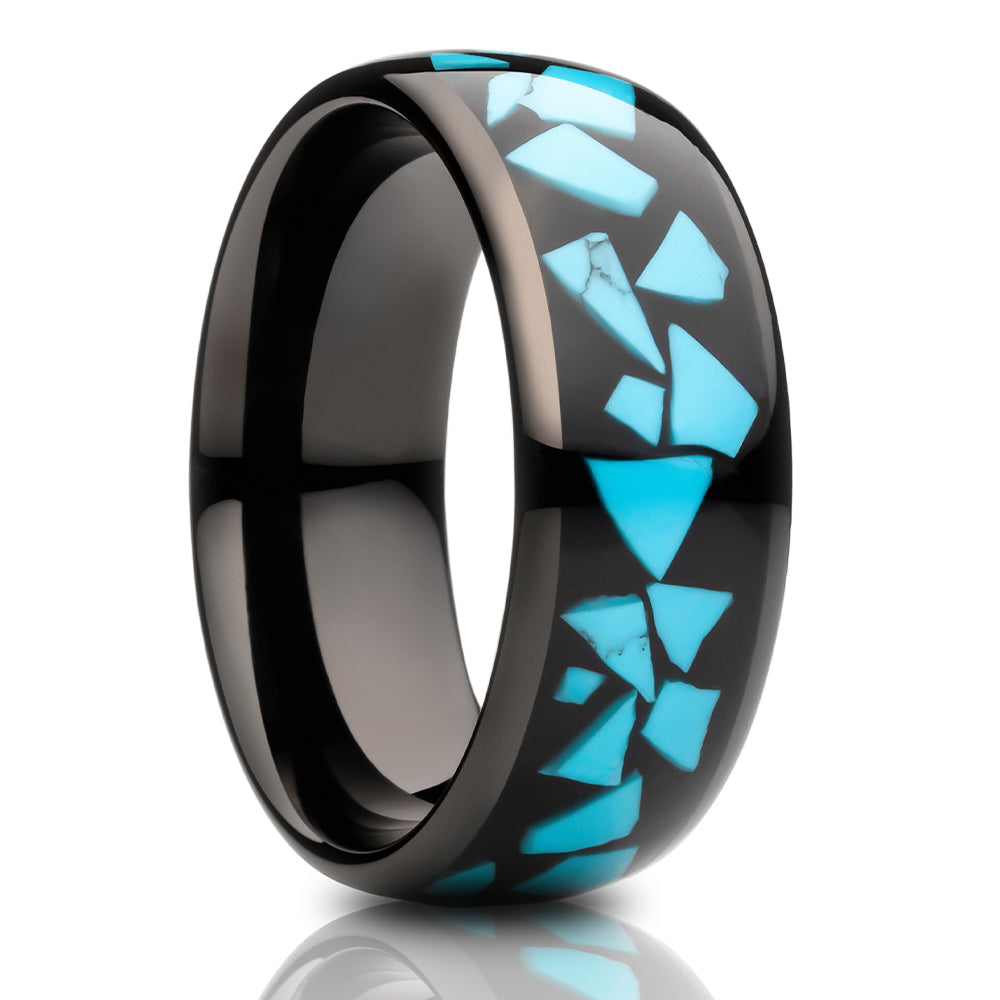 Turquoise Wedding Ring - 8mm Wedding Ring - Dome Wedding Ring - Tungsten Carbide Ring - Black