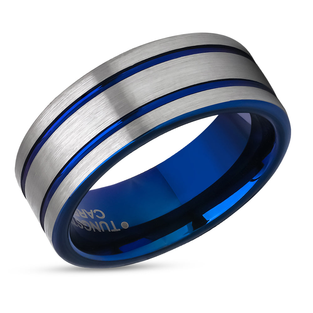 Blue Tungsten Wedding Ring - 8mm Wedding Ring - Tungsten Carbide Ring - Blue Wedding Ring