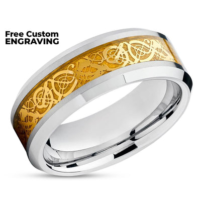 Tungsten Wedding Band - Dragon Ring - Tungsten Wedding Ring - Yellow Gold Ring