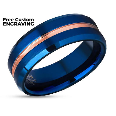 Blue Tungsten Wedding Ring - Blue Wedding Band - Rose Gold Tungsten Ring - Tungsten Carbide Ring