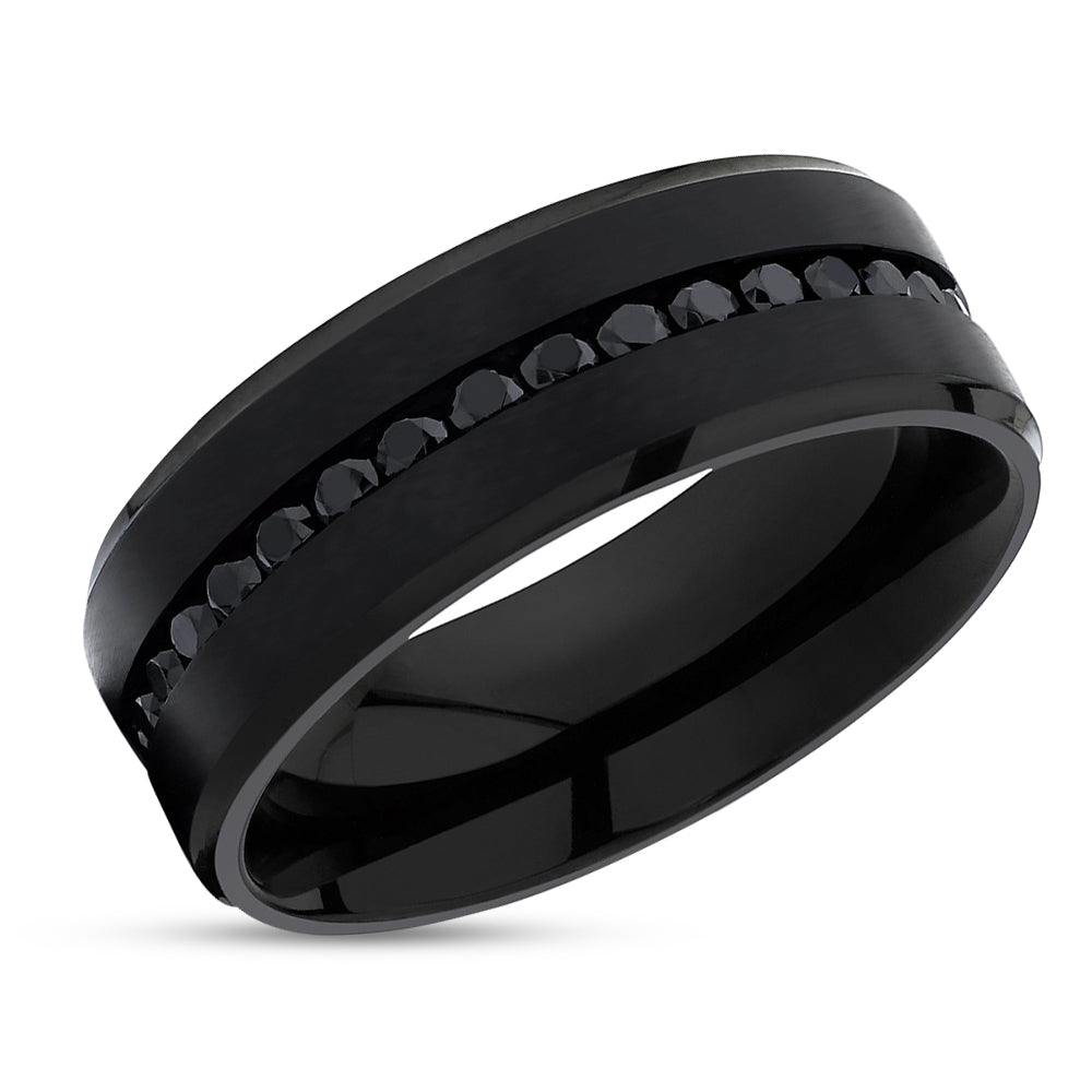 8MM Black Titanium Ring - Black CZ Ring - Titanium Wedding Band - Black Titanium Rings