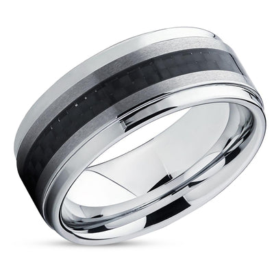 Tungsten Wedding Band - Carbon Fiber Ring - Silver Tungsten Band - Carbon Fiber Ring
