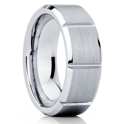 Silver Tungsten Ring - Grooved Tungsten - Gray Tungsten Band - 8mm - Clean Casting Jewelry