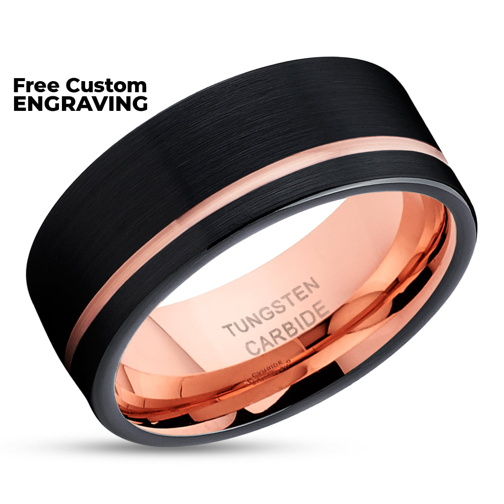 Rose Gold Tungsten Ring - Rose Gold Tungsten Wedding Band - Black Ring - 18k - Black Ring