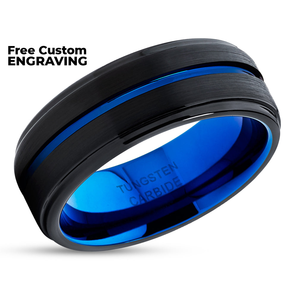 Blue Wedding Ring - Blue Tungsten Ring - Black Tungsten Ring - Black Wedding Ring