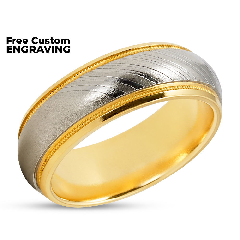 Damascus Wedding Ring - Yellow Gold Wedding Ring - 14k Yellow Gold - Damascus Ring