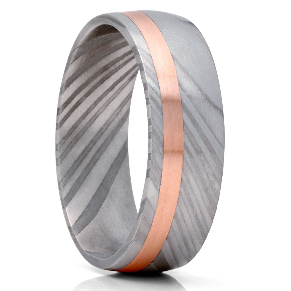 Damascus Steel Wedding Band - Rose Gold Wedding Ring - 14k Rose Gold - Damascus Ring