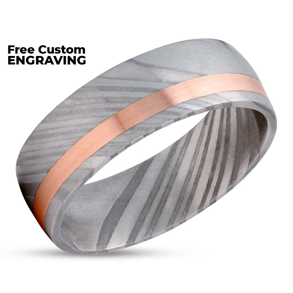 Damascus Steel Wedding Band - Rose Gold Wedding Ring - 14k Rose Gold - Damascus Ring