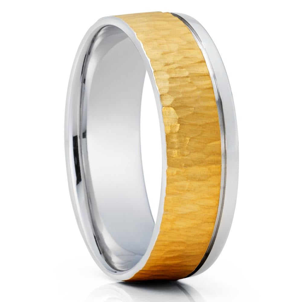 Yellow Gold Wedding Ring - Hammered Wedding Ring - 14k Gold Ring - White Gold Band - Unique