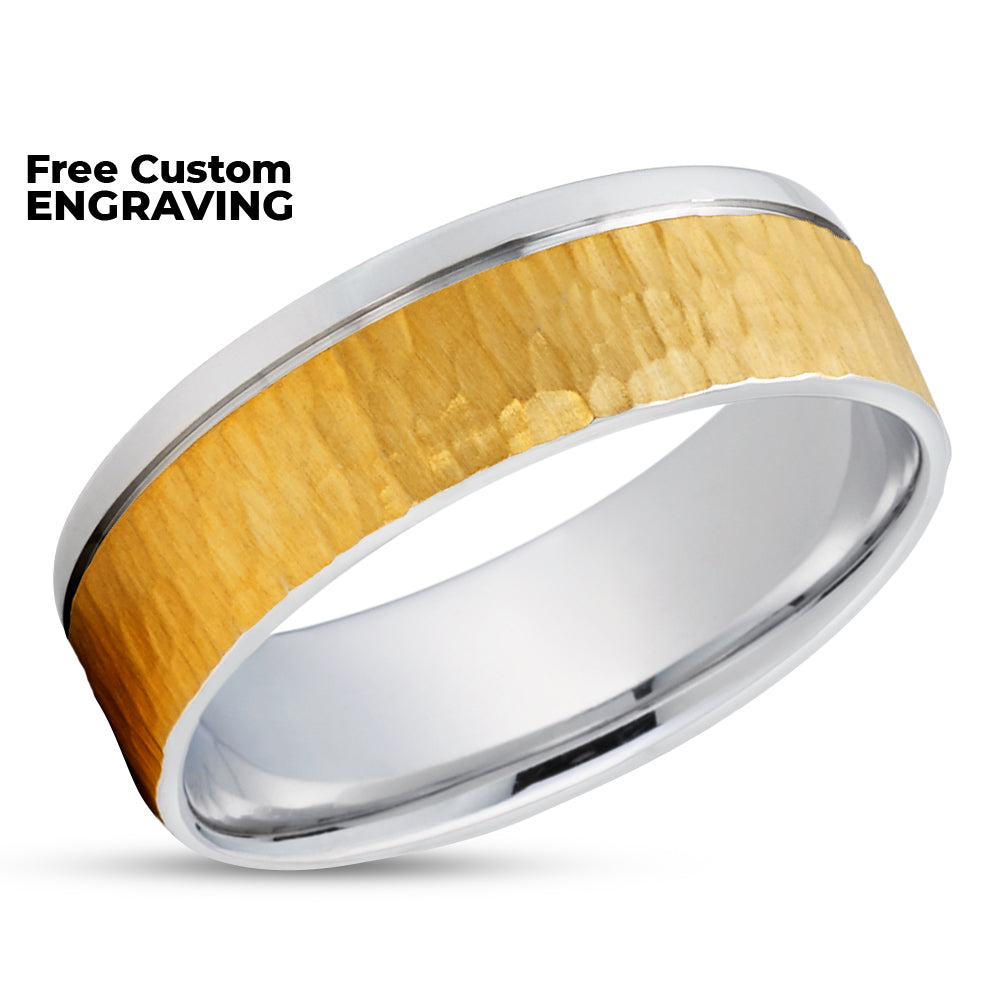 Yellow Gold Wedding Ring - Hammered Wedding Ring - 14k Gold Ring - White Gold Band - Unique