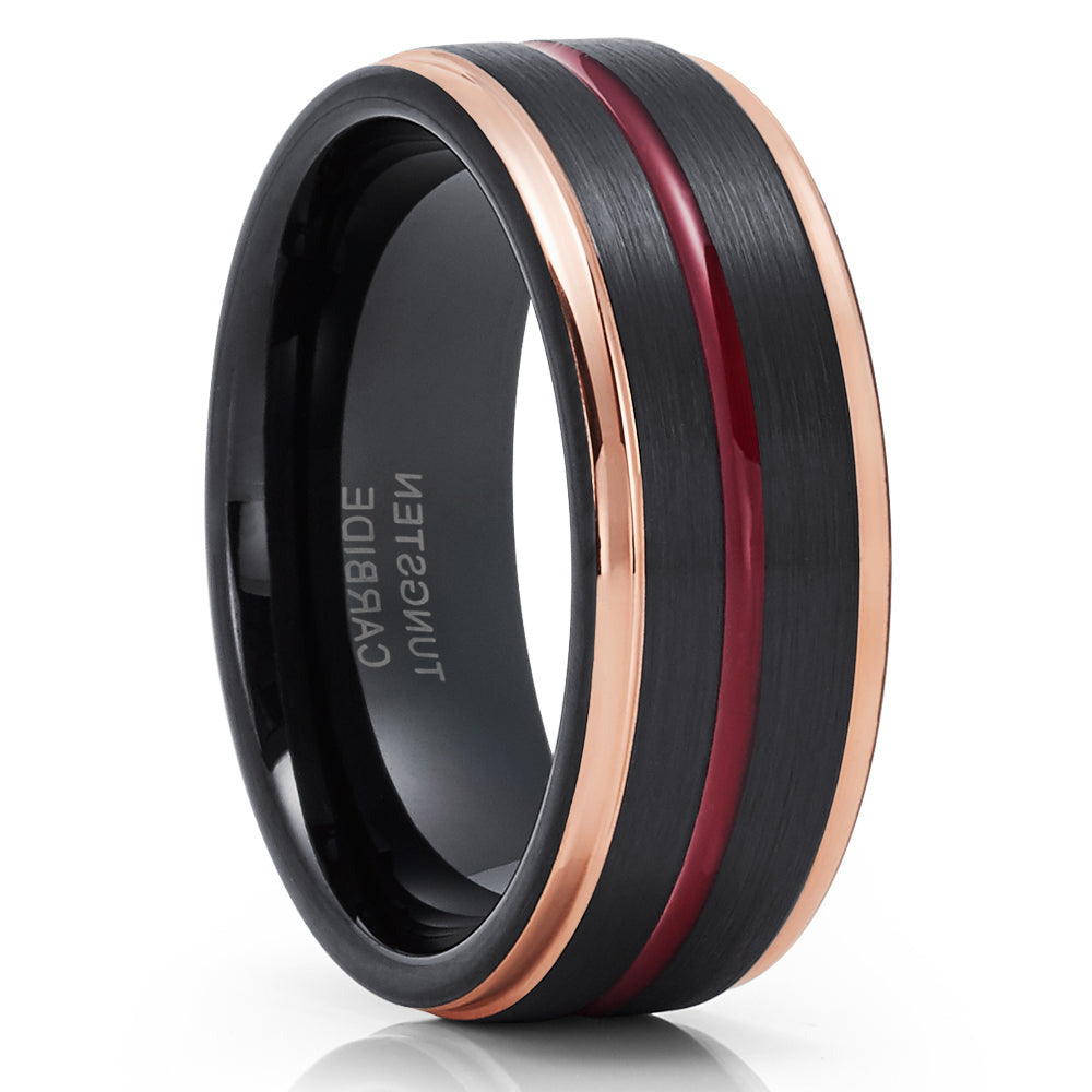 Maroon Wedding Ring - Black Tungsten Wedding Band - Rose Gold Ring - Wedding Ring