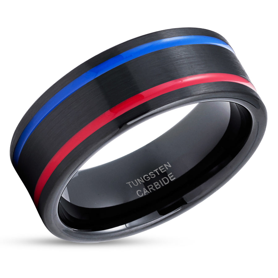 Red Tungsten Wedding Band - Red & Blue - Blue Tungsten Ring - Men & Women - Black Ring