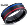 Red Tungsten Wedding Band - Red & Blue - Blue Tungsten Ring - Men & Women - Black Ring