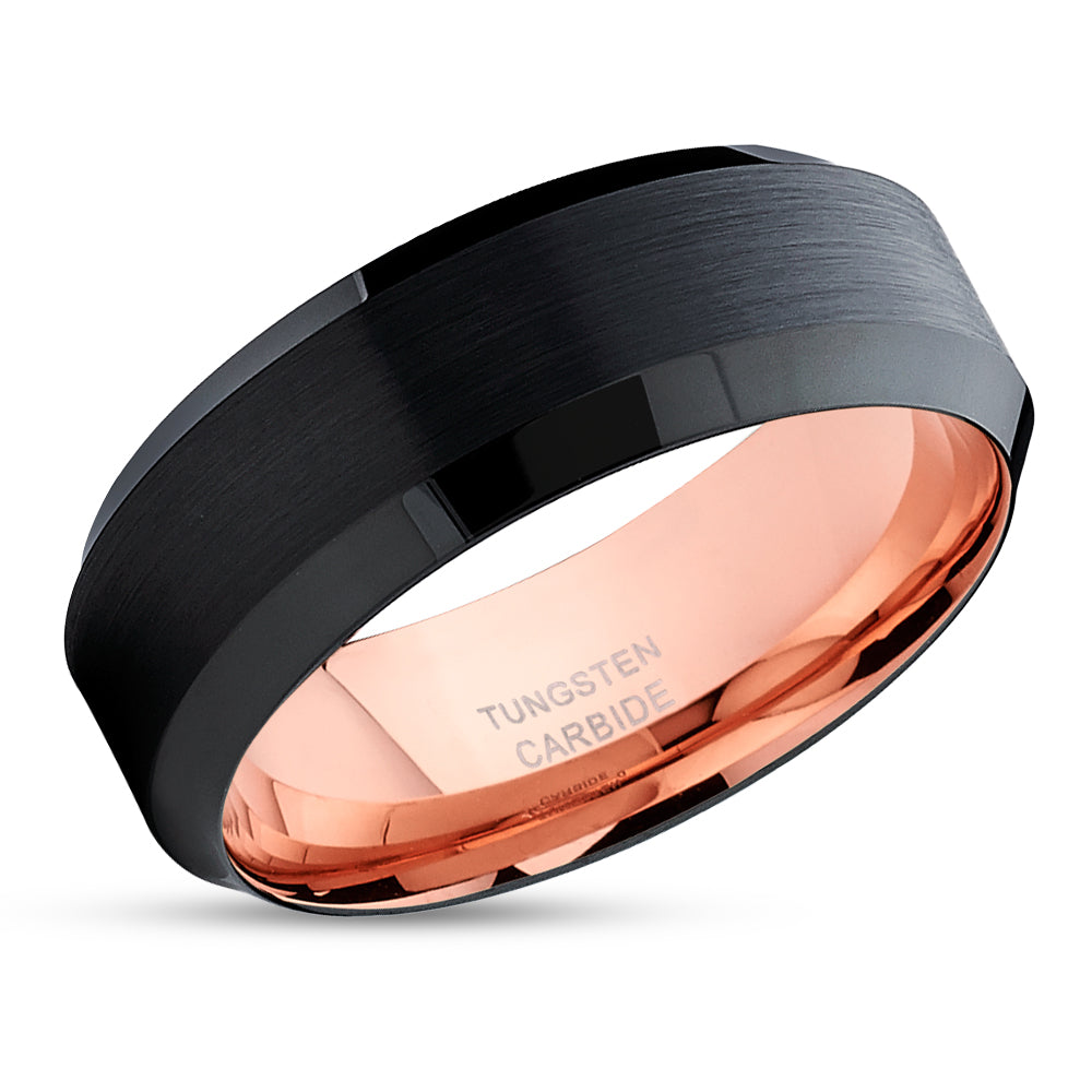 Rose Gold Tungsten Wedding Band - Black Ring - Tungsten Wedding Band - Black Ring