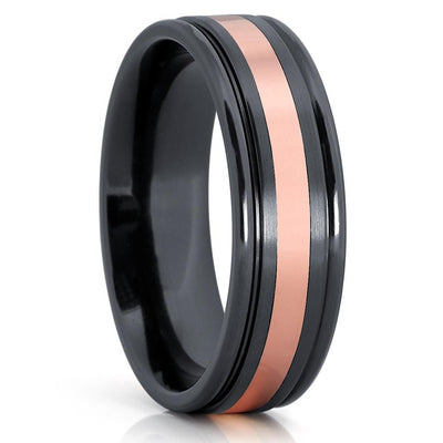 Rose Gold Wedding Ring  - Black Zirconium Ring - Black Wedding Band - 14k Rose Gold