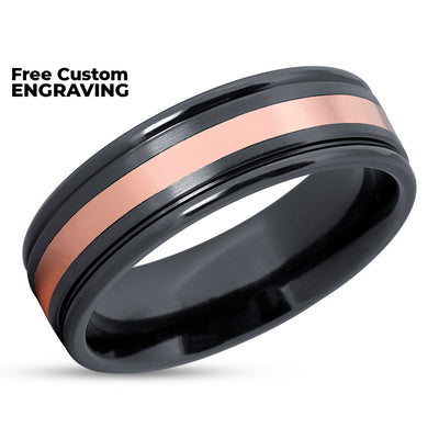 Rose Gold Wedding Ring  - Black Zirconium Ring - Black Wedding Band - 14k Rose Gold