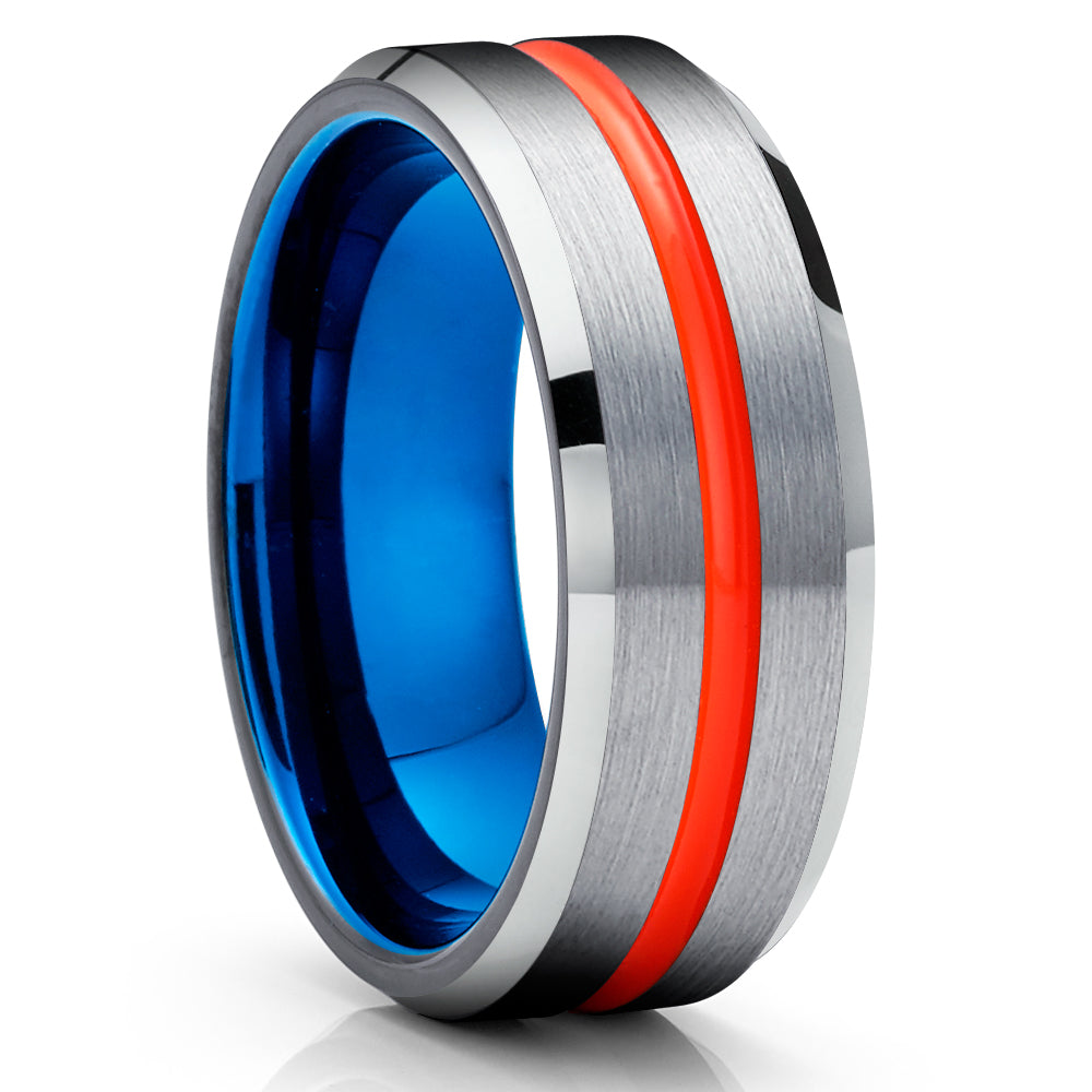 Blue Tungsten Wedding Band - Orange Tungsten Ring - Orange Wedding Ring - Silver