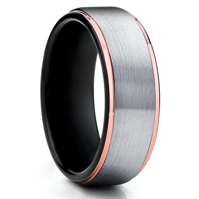 Black Tungsten Wedding Band - Black Tungsten Ring - Rose Gold - Tungsten Carbide Ring